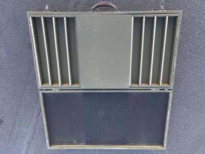 Antique US Army Air Forces wooden projector slides case w drawers, leather handle, great cubby shelf, vintage Military