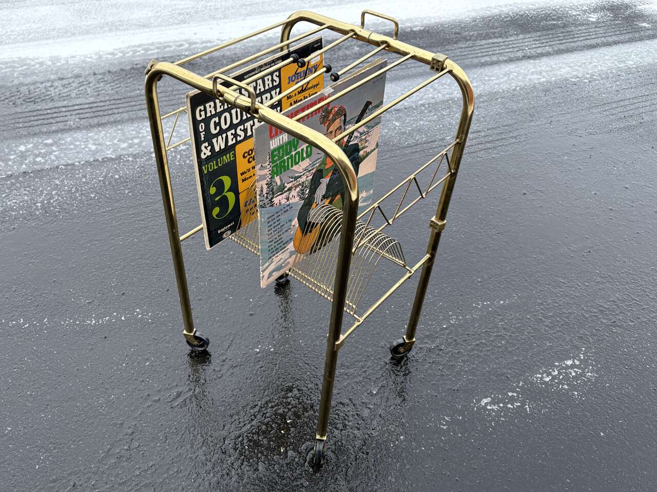 Vintage rolling record cart Vinyl LP storage and display Mid Century Modern MCM record player  holder