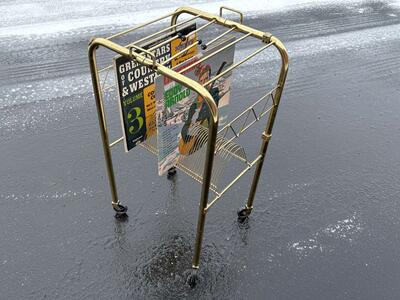 Vintage rolling record cart Vinyl LP storage and display Mid Century Modern MCM record player holder