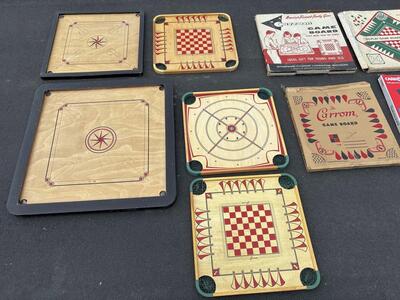Vintage Mid Century Carrom, Crokinole Wooden game boards, checkers, chess backgammon game table antique