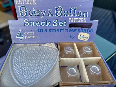 Vintage Indiana Glass Daisy Button glass snack set Mid Century Modern MCM plates cups glass dinnerware