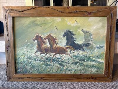 Large, vintage original oil painting on canvas Running horses barbed wired frame equestrian folk mid century western Folk Art