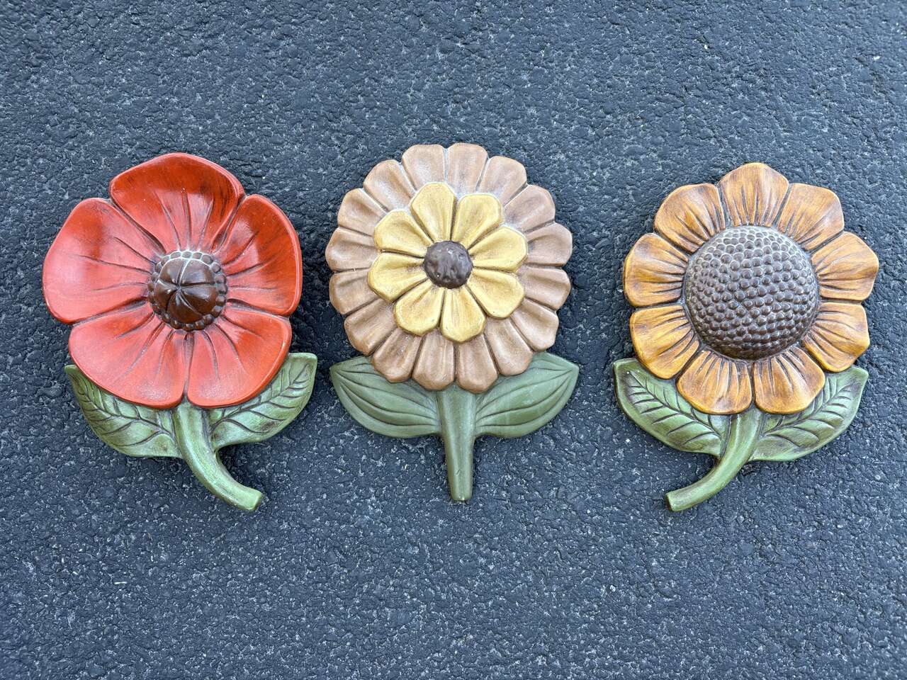 Trio 1960’s Mid Century vintage ceramic flower, sunflower wall hangings set of 3 Jamar Mallory floral