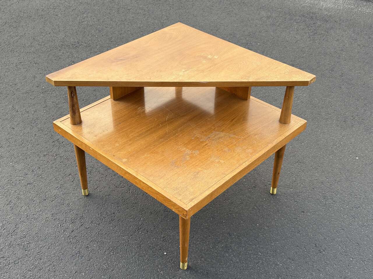 Beautiful Mersman dual tier side table corner table, real wood tops MCM