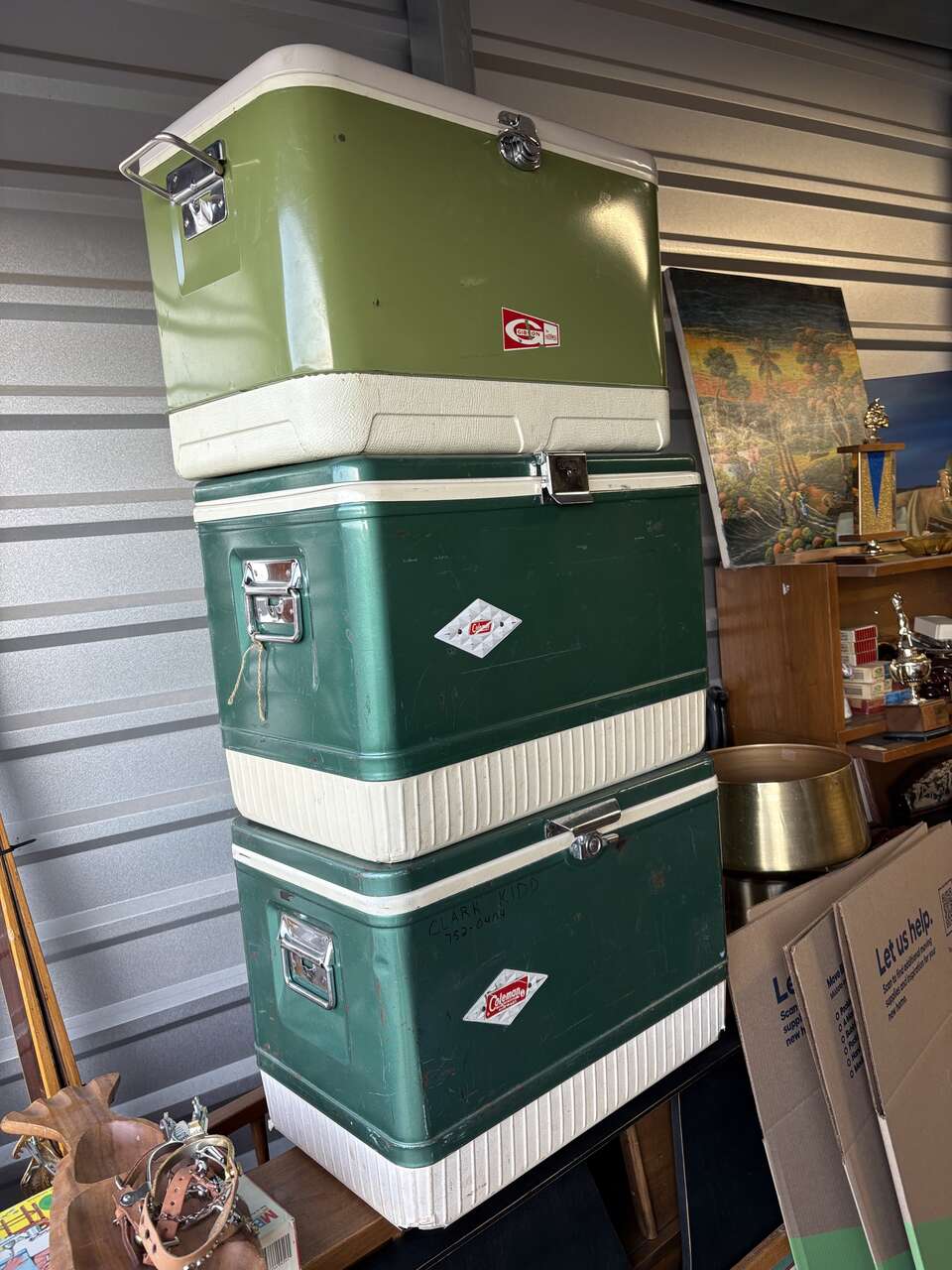 Many Vintage mid century Coleman and Thermos camping coolers ice chests, jug antique