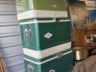 Many Vintage mid century Coleman and Thermos camping coolers ice chests, jug antique
