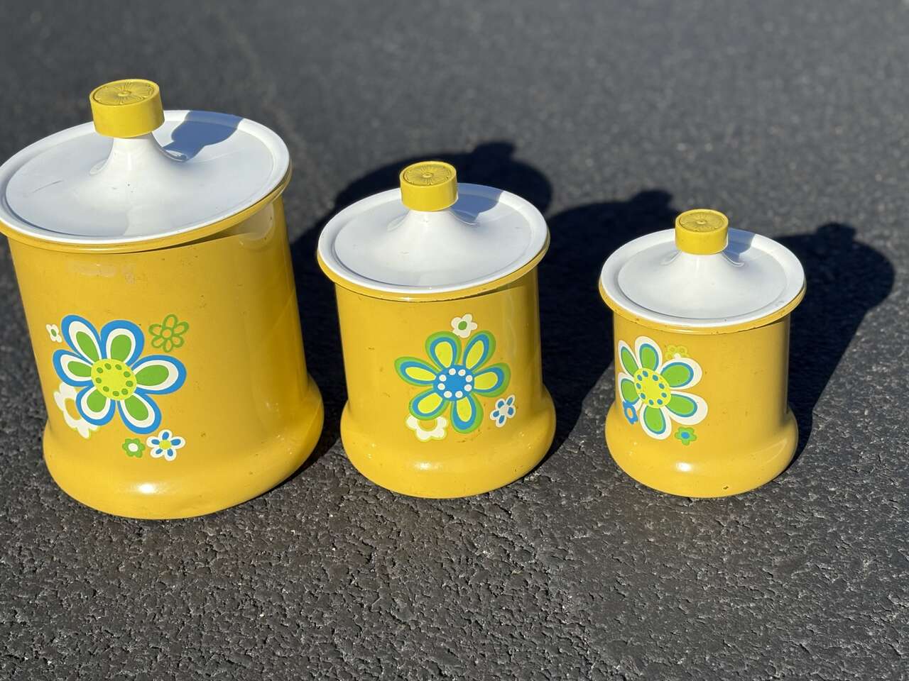 3 Vintage 1960’s / 70’s Kromex aluminum kitchen storage canisters "flower power" Mid Century Modern MCM