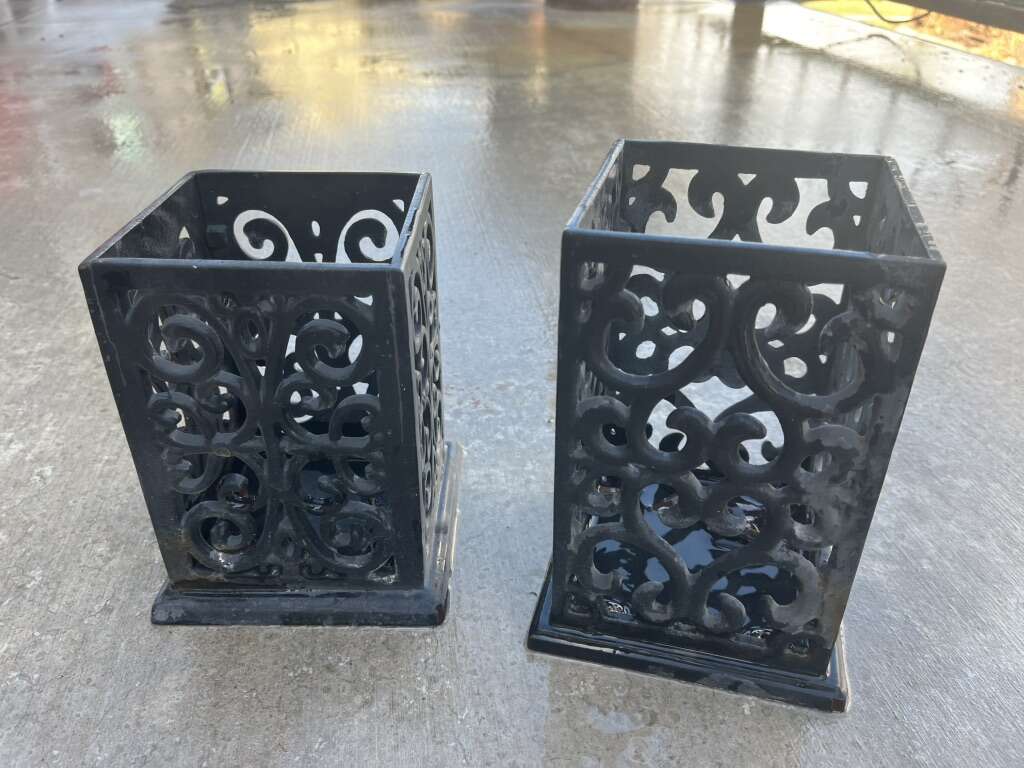 2 Black Metal scroll Candle Holders 8 & 7