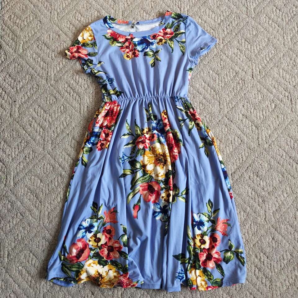 Cute Youth Girls Blue Dress With Pockets Small