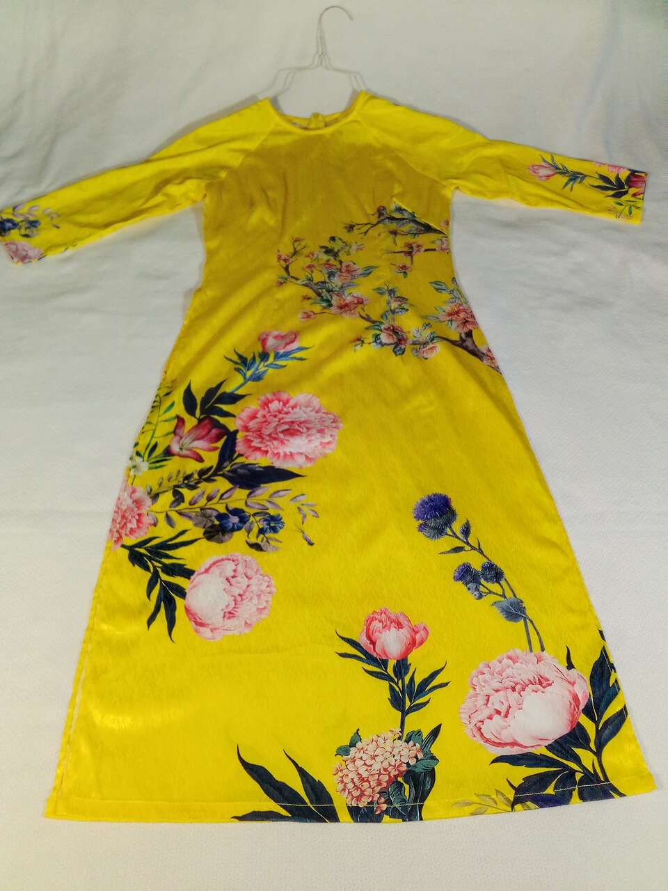 Ao Dai Vietnamese Traditional Yellow Flower Silk Ladies Dress Small