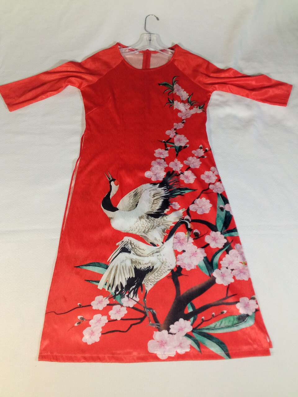Ao Dai Vietnamese Traditional Ladies Chim Hac Dress Small Silk Red