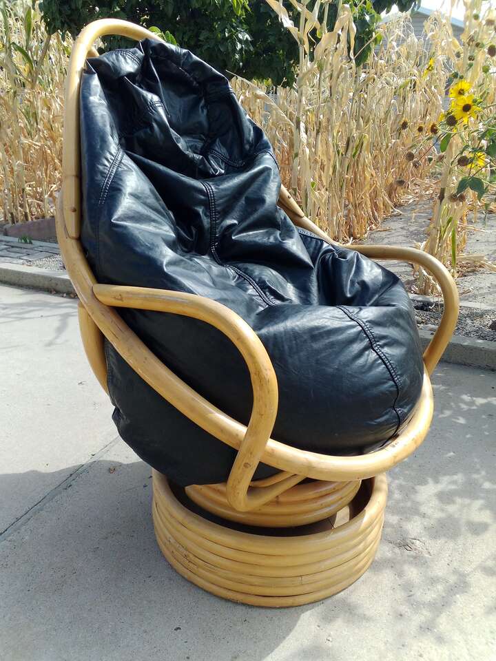 Chair, Vintage, Black Vinyl Bean Bag, Authentic Bamboo