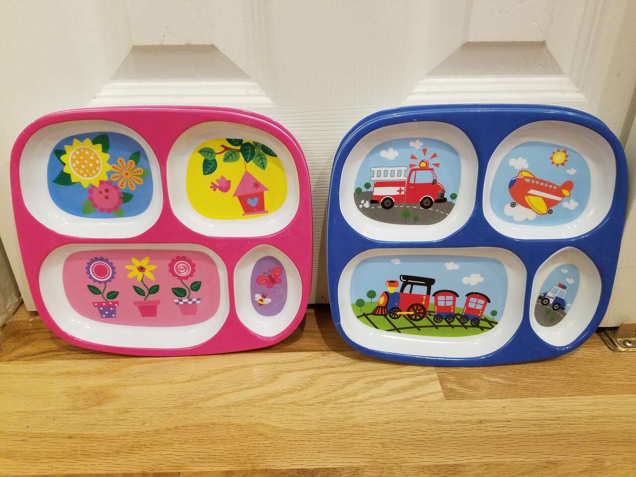 Kids Sectional Plates pink flowers blue trains, planes