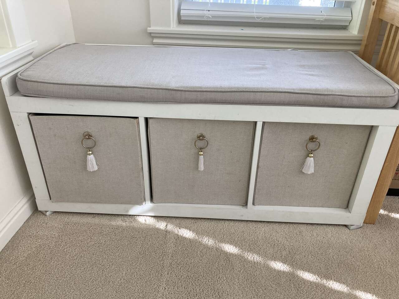 BHG Entryway Bench Storage Cushioned Tassle pull Canvas Bins Beige/gray White