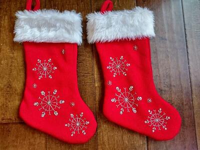 Two Red Knit Stockings w/ Snowflake Embellishment