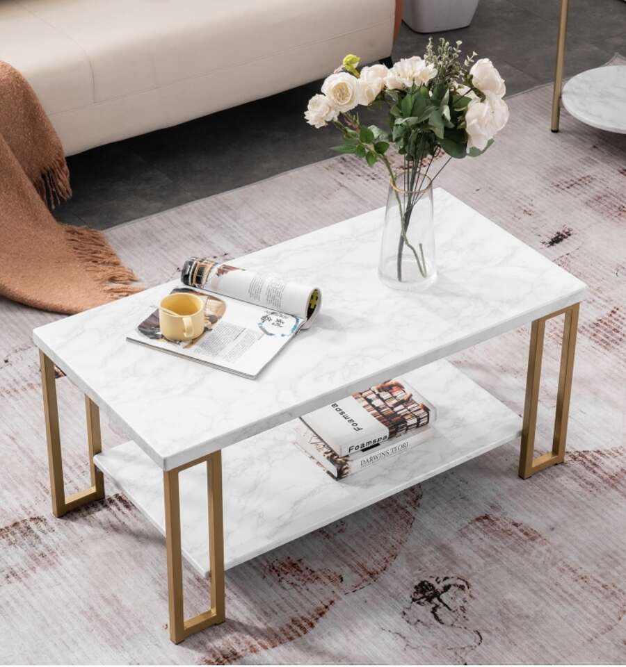 Ktaxon 2-Tier Coffee Table, Faux Marble Gold Metal