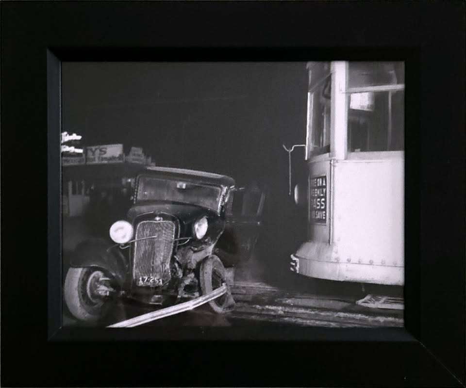 Framed reproduction photo of SLC trolley accident with car