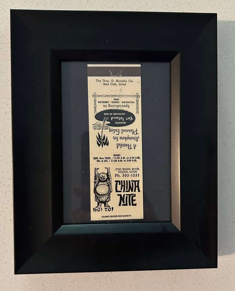 Framed matchbook cover from the China Nite Resturant Ogden, Utah