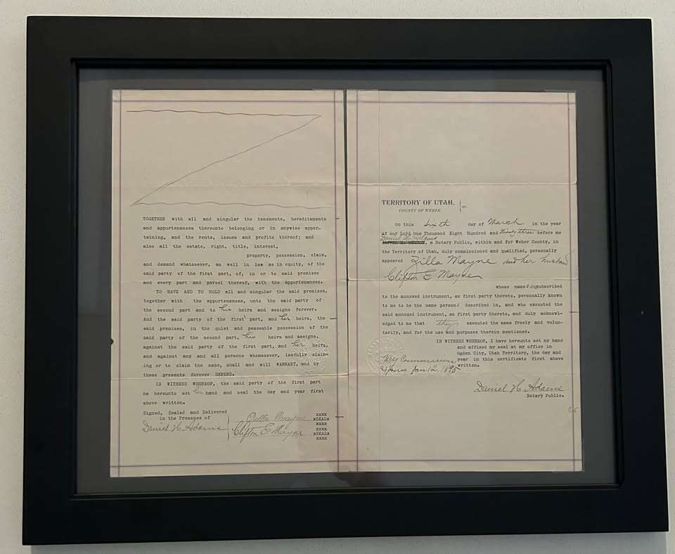 1893 Utah Territory original Ogden City property title. Framed
