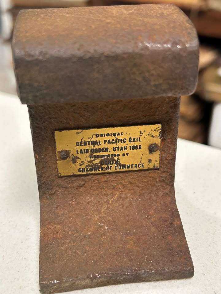 Central Pacific Railroad track originally laid 1869, presented by Ogden Chamber of Commerce