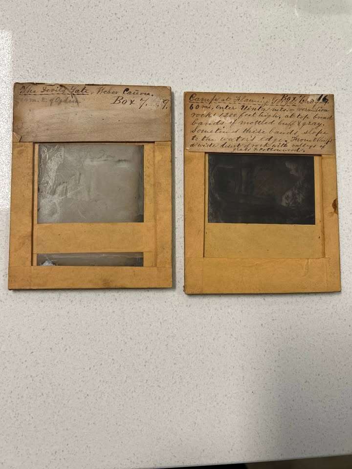 2 glass negatives of Weber County, Utah's Devil's Slide with notes