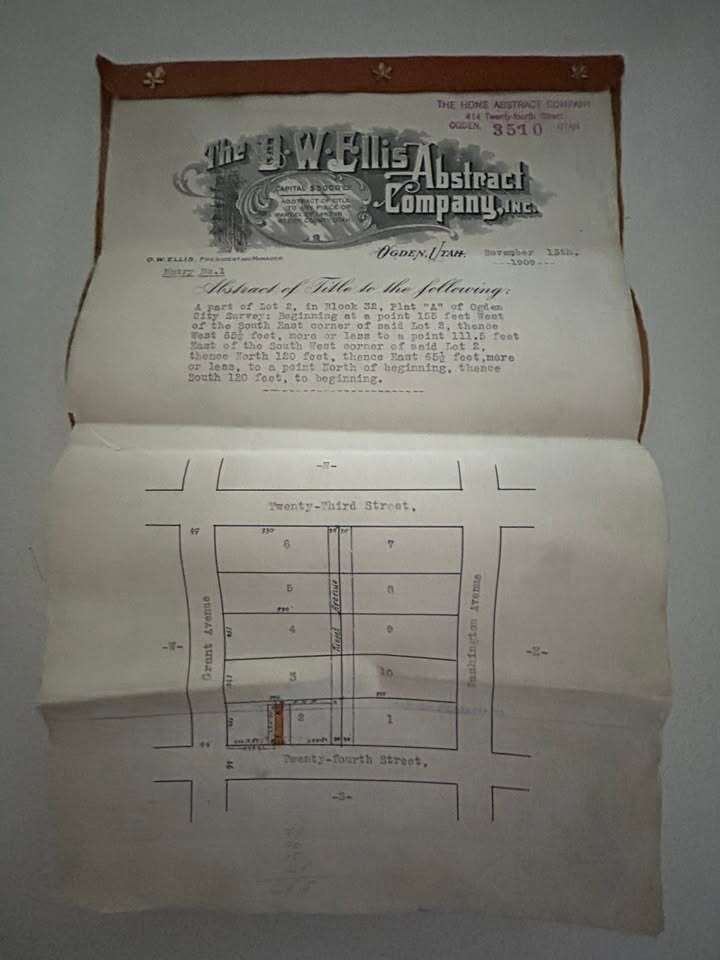 November 1909 D.W. Ellis Abstract Company title of property lot in Ogden, Utah