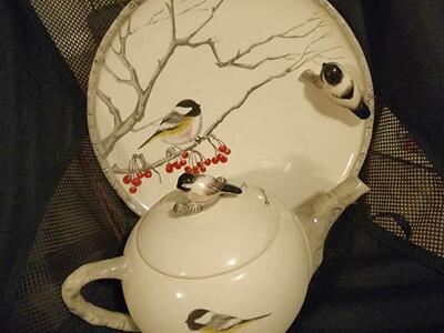 Winter Chickadee Platter And Teapot