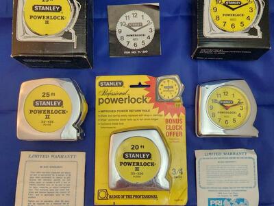 Vintage Stanley Tape Measure, Clock, and Radio