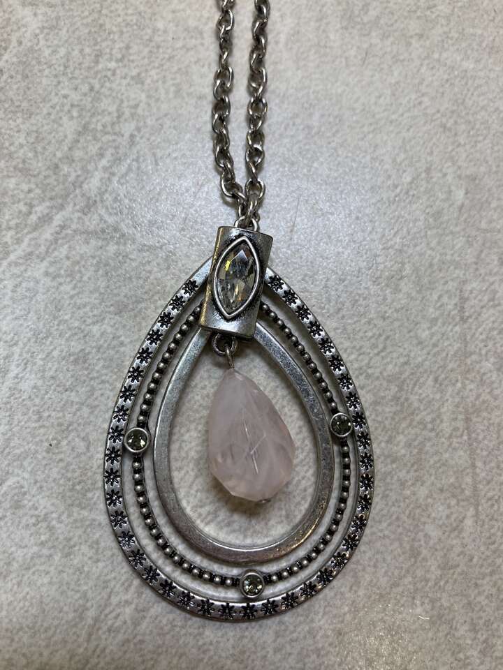 Long Beautiful Necklace - Silver Color, Pink Stone