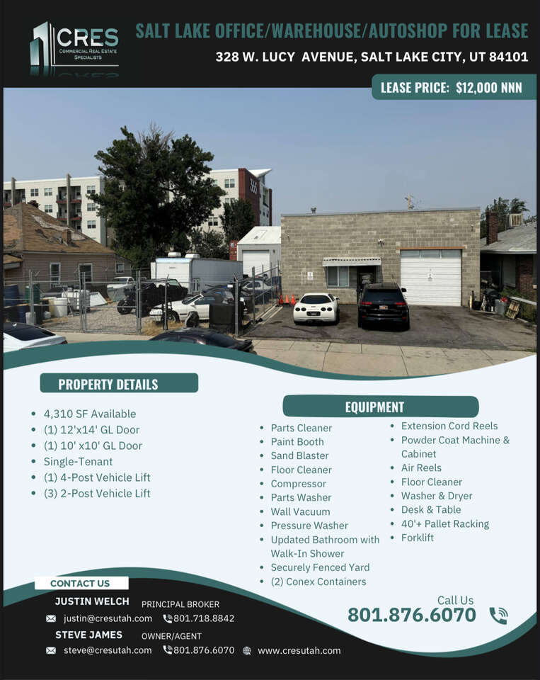 Fully Functioning Auto Shop with Equipment for Lease in Salt Lake City with Fenced Yard