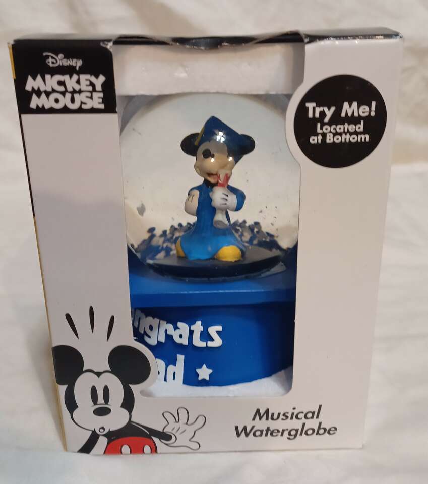 Disney Mickey or Minnie Mouse " CONGRATS GRAD" Blue Waterglobe / Snowglobe Plays Music New