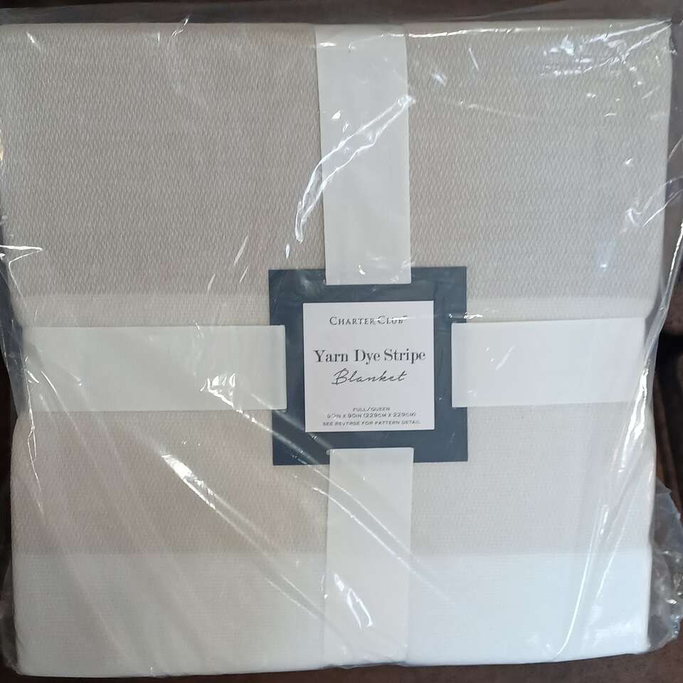 Charter Club Yarn Style Stripe Blanket, Tan & White, King or Queen, New