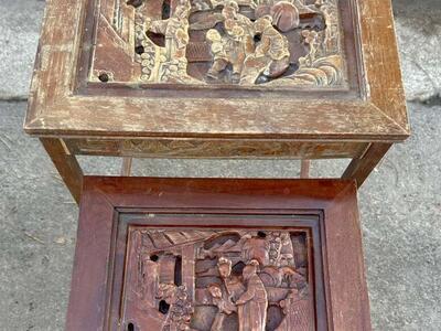 Vintage Asian Wood Carved End Tables