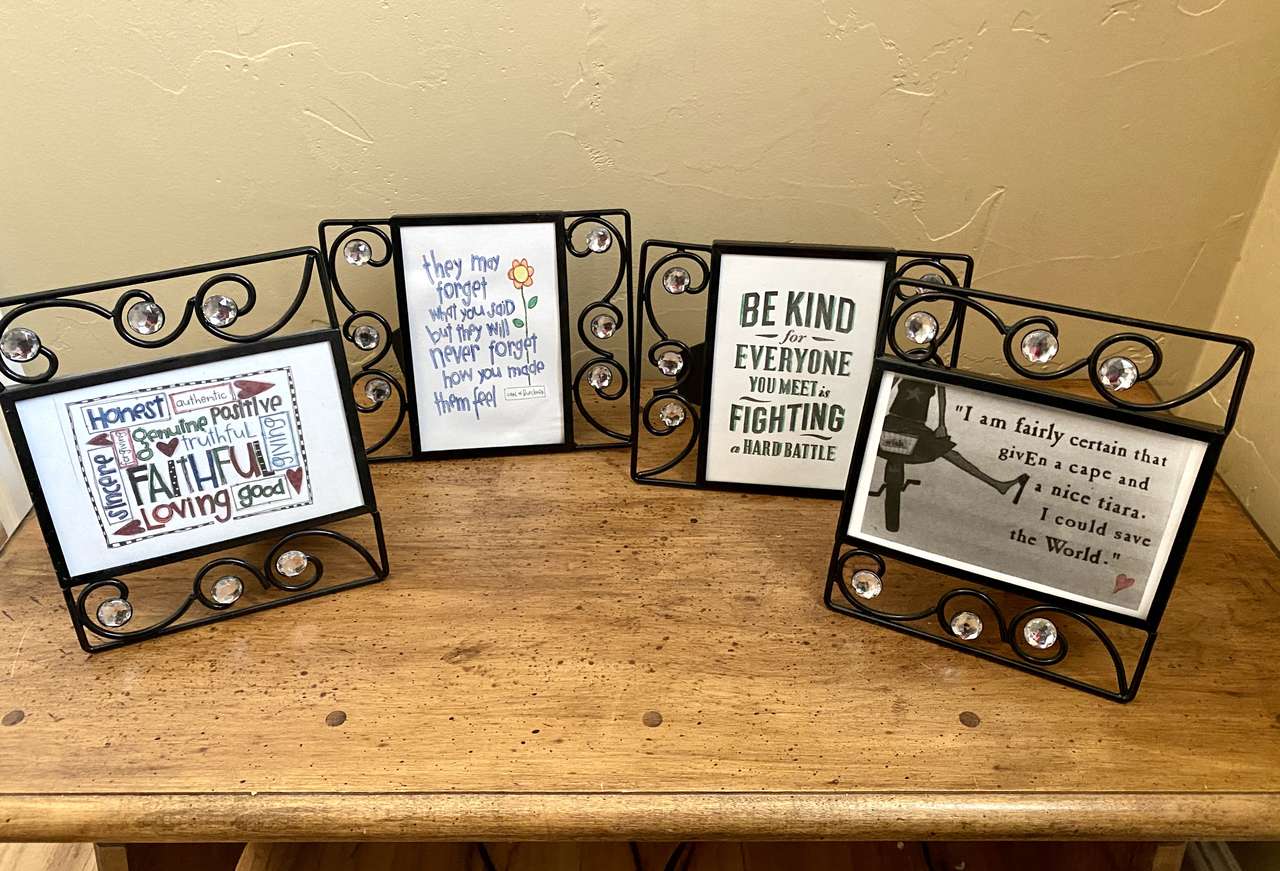 Set of 4 - Black Metal and Bling Frames - Cute Motivational Words - Fits 4x6 - See Photos for Details.