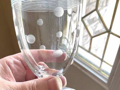 SET OF 5 - 1950s Stunning Vintage CRYSTAL GLASSES- Unique Dots & Stripes - MATT BLACK Footed Bottom- Many Photos