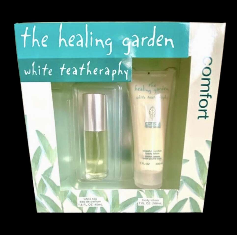 NEW -RARE Healing Garden WHITE TEA EAU de PARFUM 1.5 OZ and Body Lotion 7 OZ - RETIRED - C PICS.