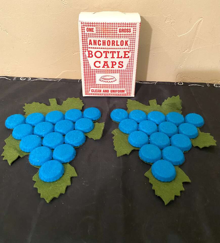 Awesome Vintage Felt Grapes Trivets - Included a Box of Bottle Caps To Make More - Just Add Felt - C PICS