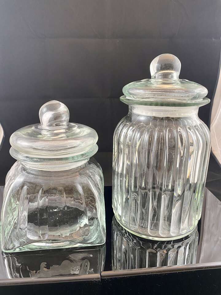 Beautiful Set of TWO Vintage Anchor Hocking Ribbed Optic Glass Jars - Bubble Lids N ; Seals - See PICS