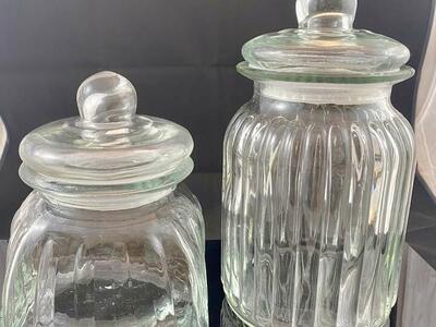Beautiful Set of TWO Vintage Anchor Hocking Ribbed Optic Glass Jars - Bubble Lids N ; Seals - See PICS