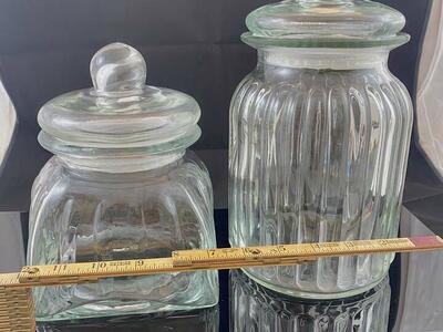 Beautiful Set of TWO Vintage Anchor Hocking Ribbed Optic Glass Jars - Bubble Lids and Seals - See PICS