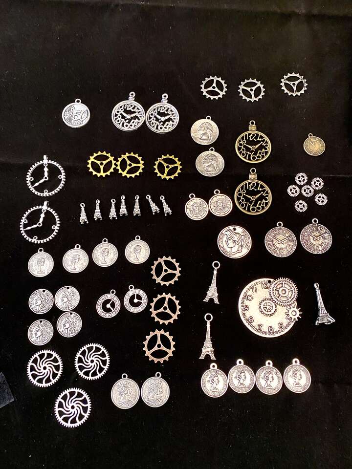 NEW - Steam Punk Gears Coins Clocks Charms - Bee On Time Necklace - Steam Punk Bracelet - C PIX