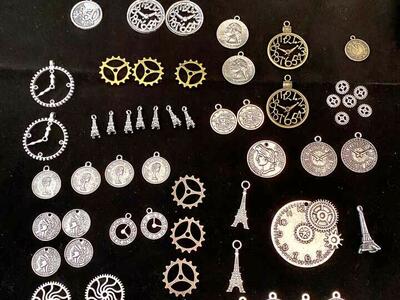 NEW - Steam Punk Gears Coins Clocks Charms - Bee On Time Necklace - Steam Punk Bracelet - C PIX