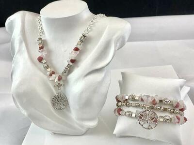 NEW - Long Gemstone and Tree of Life Necklace Plus Matching Three String Bracelet - See Photos