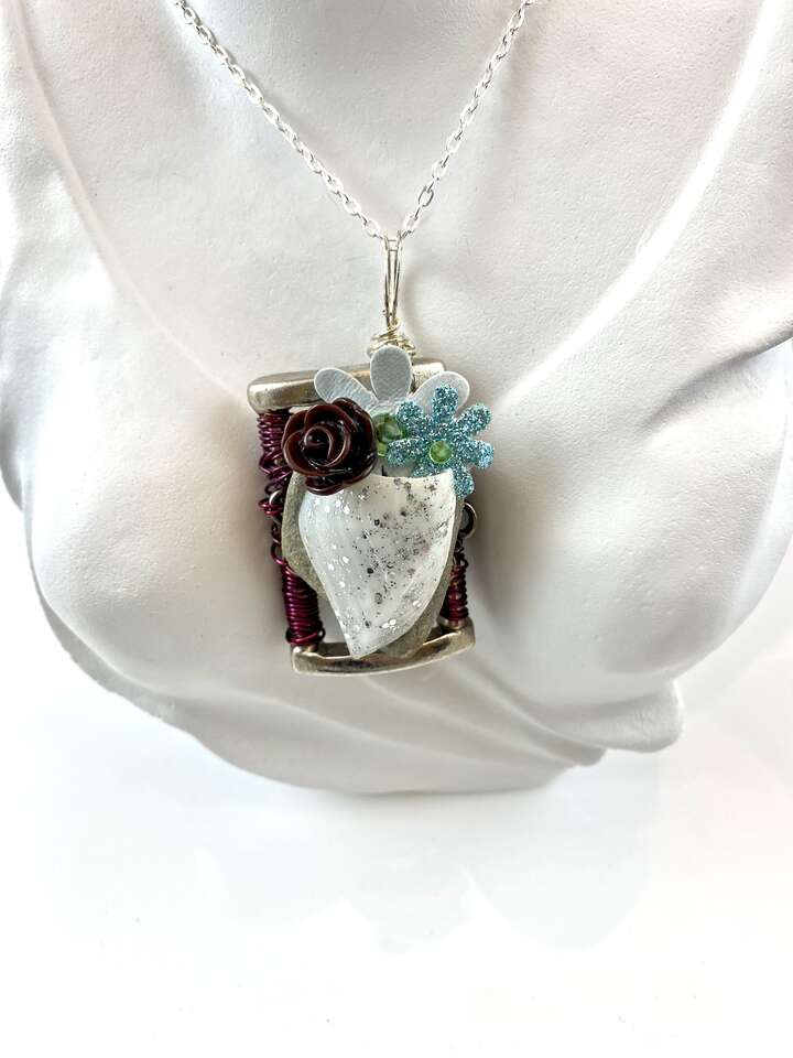 Vintage Salvage Mixed Media Pendant Necklace - This Designer Piece Truly Unique- On A Silver Plated Chain - C PIX
