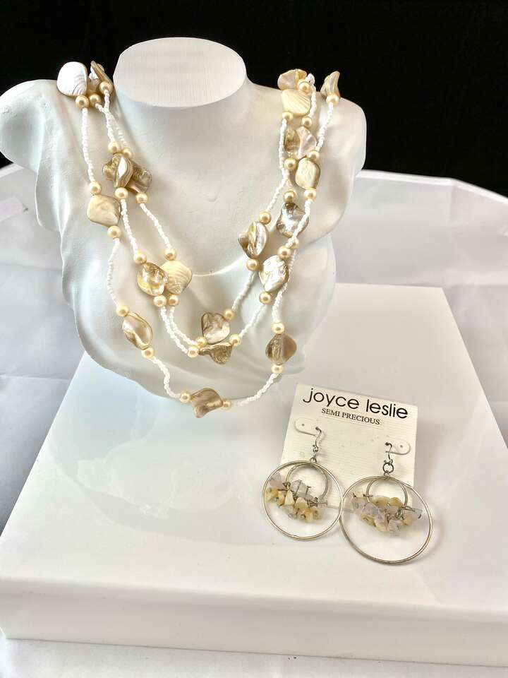 NEW Beautiful Three Strand 32 Inch Glass and Mother of Pearl Necklace + Free Earrings - See Photos
