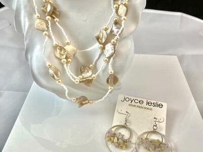 NEW Beautiful Three Strand 32 Inch Glass and Mother of Pearl Necklace + Free Earrings - See Photos