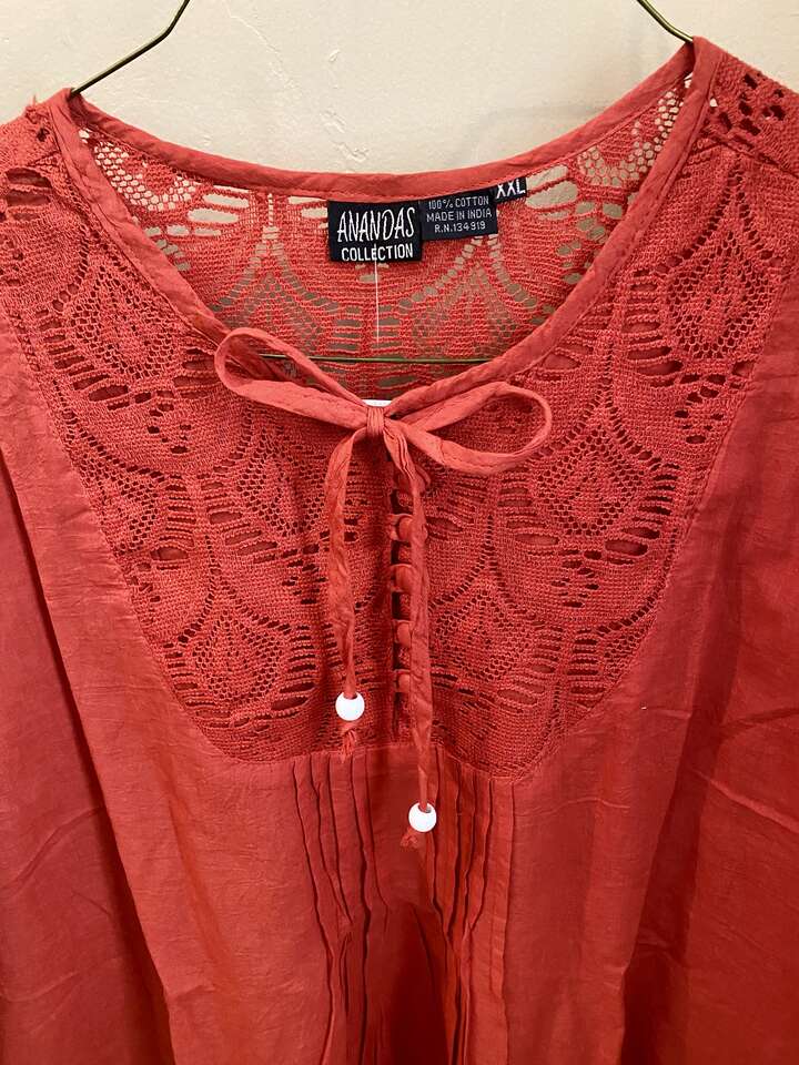 New w/ Tags - Red/Orange Cotton Lace - Buttons And Ties - XXL Long Sleeve - Wear Open or Tied - C PICS