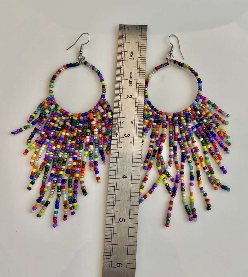 NEW - Beautiful Hand Beaded Multicolored Long (Approx 5x2.5) Dangle Drop Earrings - C PICS