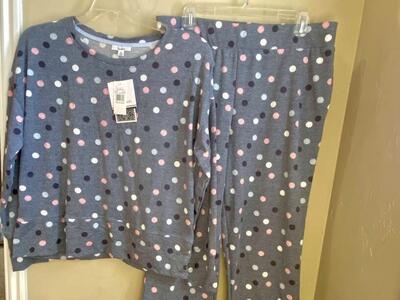 New - Womens XL ROUDELAIN 2 Piece Long Sleeve PJs/Loungewear Blue w/ Polkadots - CUTE C PIX