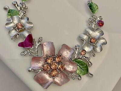 NEW - Beautiful Enamel Floral and Silver Necklace and Earring SET - PINK-RED-GREEN - C PICS